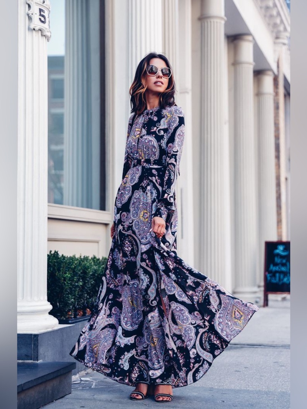 Express Boho Black & Purple Paisley Long Sleeve Open-Back Maxi Dress